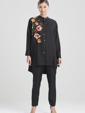 Natori Cotton Silk Oversized Embroidered Shirt XL
